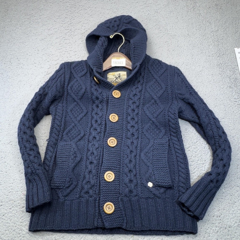 WHOAU CALIFORNIA Sweater Mens S Blue Hooded Cardigan Cable-Knit Wool Button
